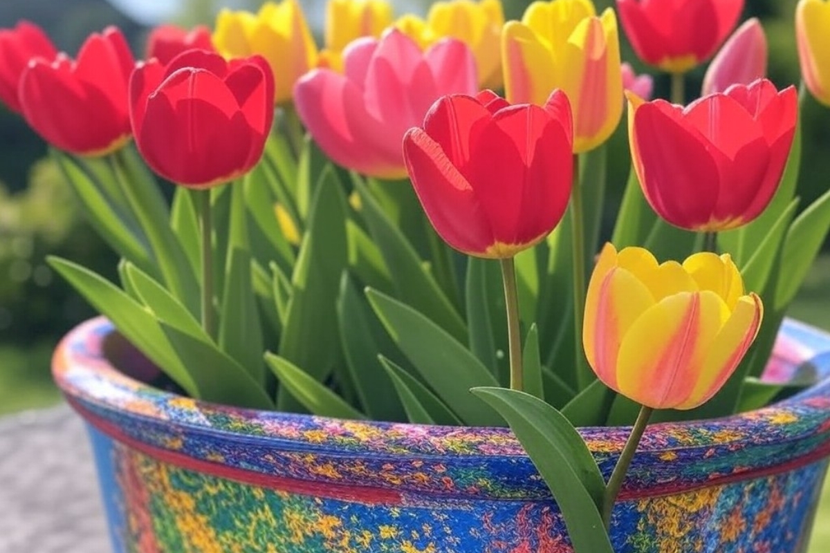 Des tulipes colorées dans une jardinière ronde